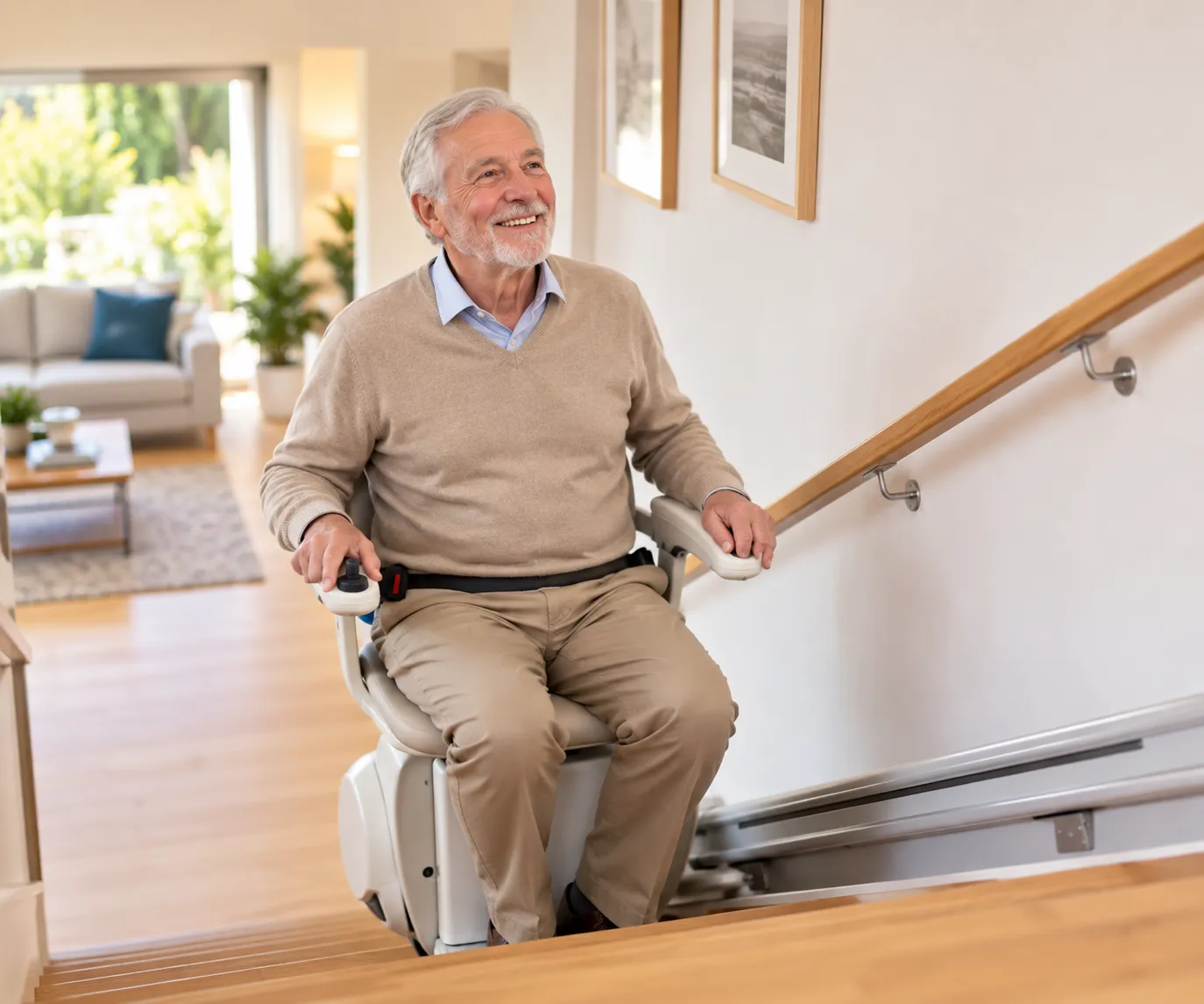Senior souriant utilisant un monte-escalier moderne dans sa maison